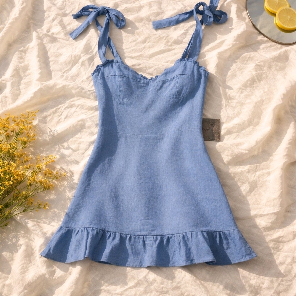 Reformation Desiree Linen Dress in Parisian Blue Size 4 - Picture 4 of 6